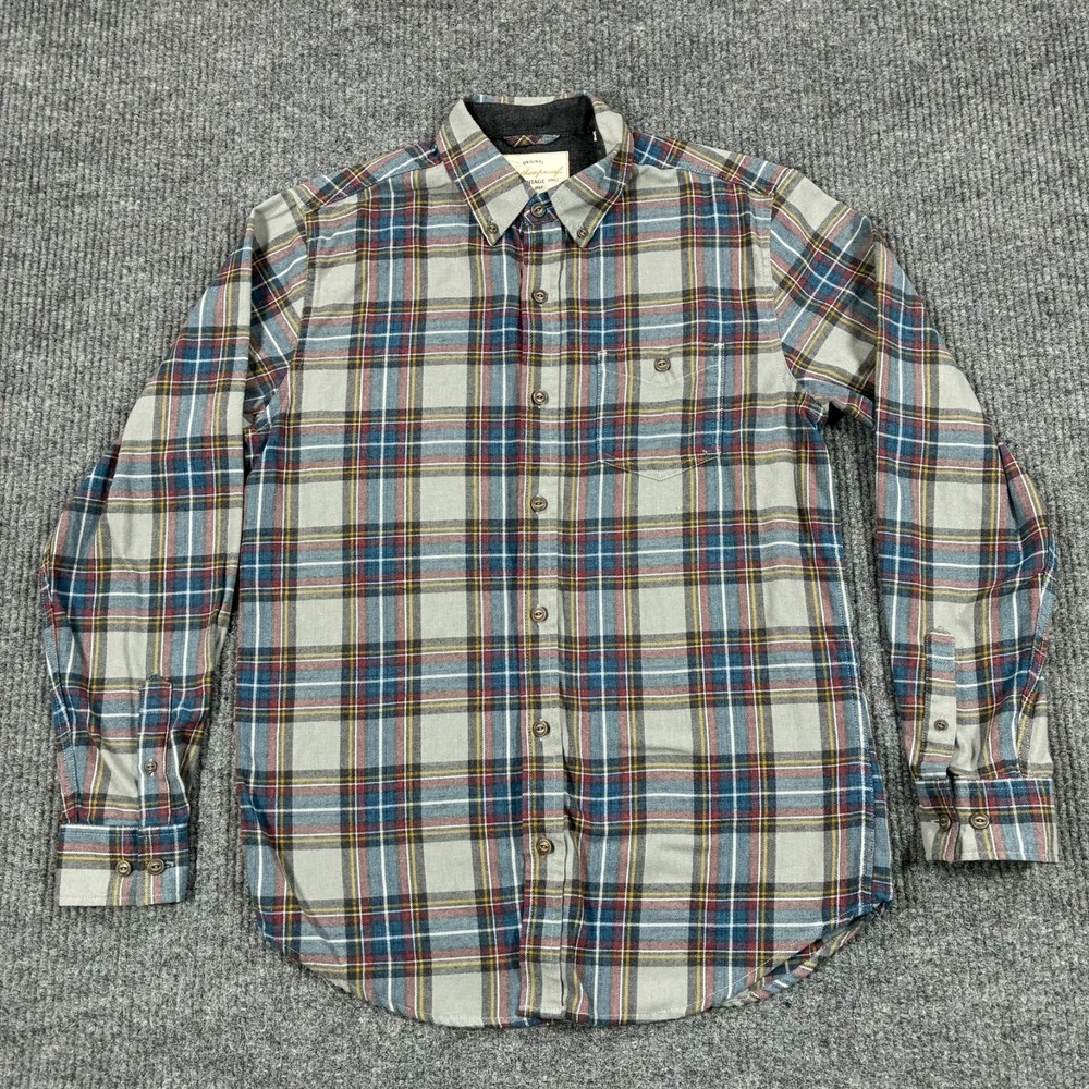 Original Weatherproof Vintage Mens M Plaid Flannel Button Down Shirt Gray Blue